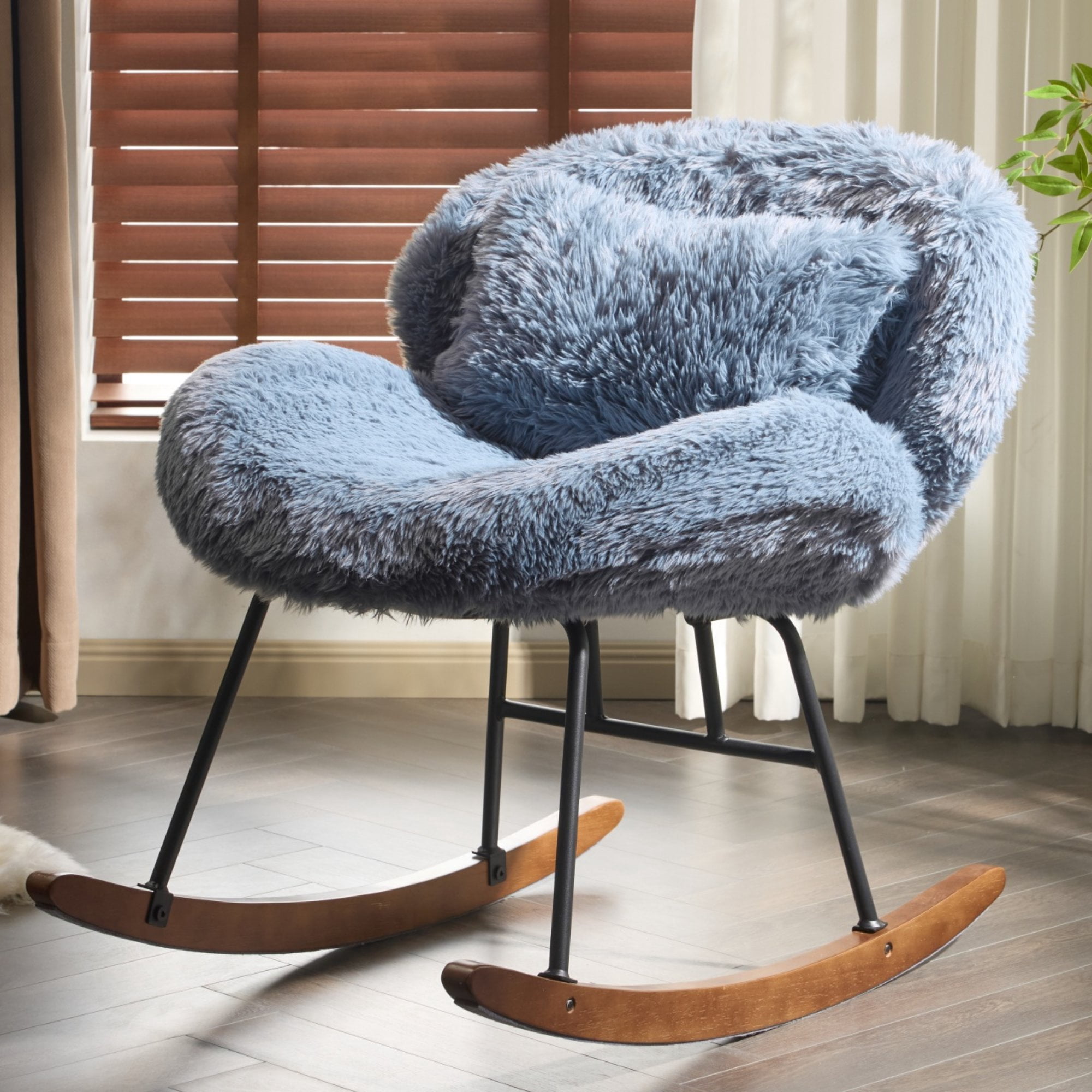 UBesGoo Nursery Rocking Chair, Modern Accent Chair with Padded Seat and Wooden Metal Frame, Long Pile Fabric Upholstered Glider Rocker, Comfy Nest Style, Blue
