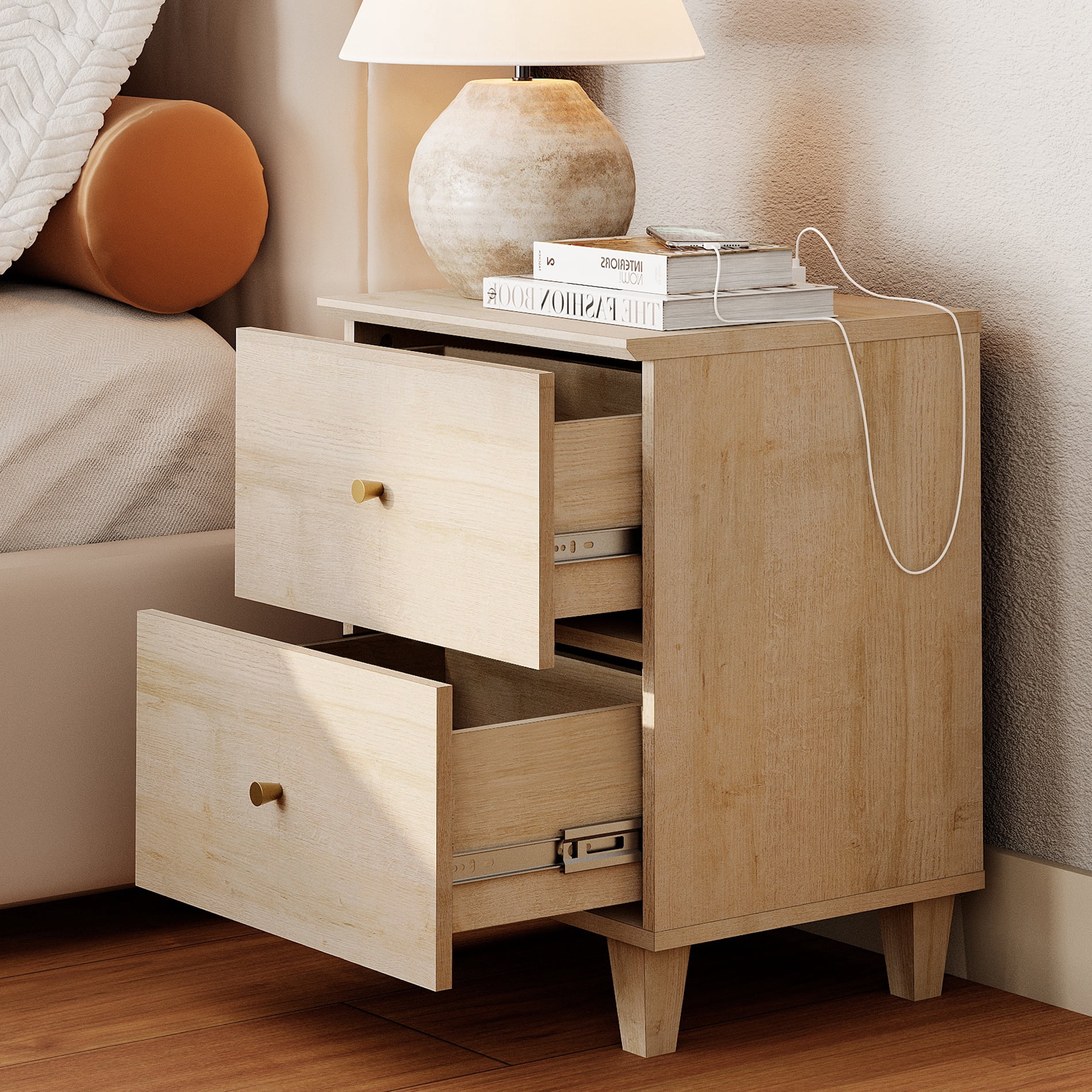 WAMPAT Dresser and Nightstand Set of 4, Wood Dressers with 9 Drawers, Nightstand with Charging Stations for Living Room, Natural Oak