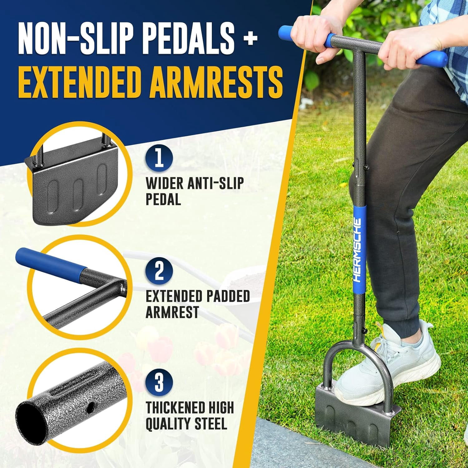 Hermsche Manual Edger Lawn Tool Half Moon Lawn Edger with T-Grip Sidewalk Lawn Grass Long Handled Step Edger Stainless Steel Manual Trimming Shovel,38.2inch.