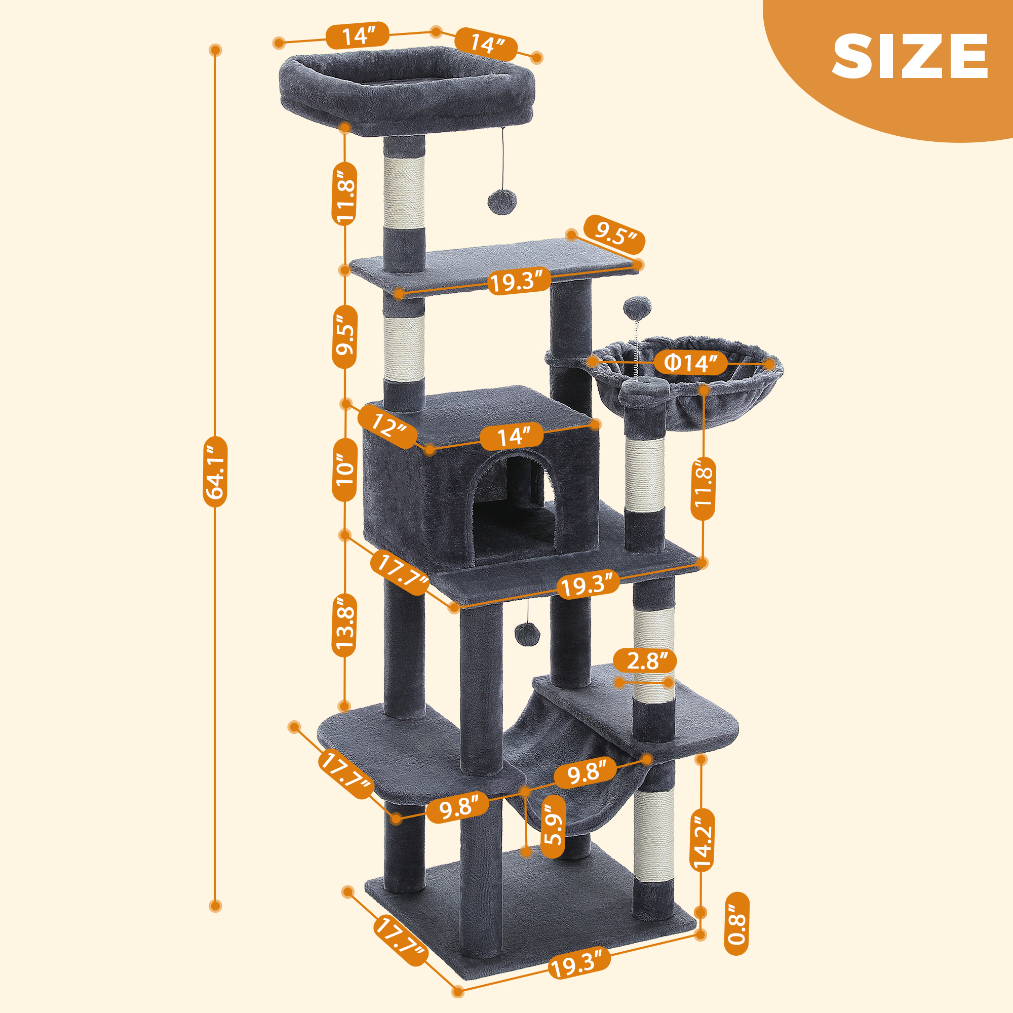 Pawz Road 64" 5-Tier Cat Tree with Dual Hammocks photo 8