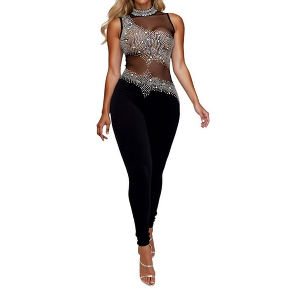 Women's Jumpsuit Casual Sleeveless Bodycon Romper With Rhinestone Summer Fall Outfit For Daily Wear And Home Comfort