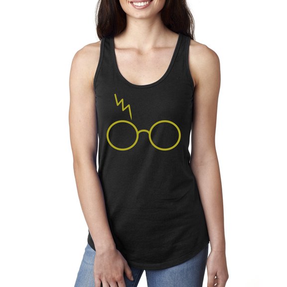 Wild Bobby, Gold Wizard Glasses and Lightning Scar, Pop Culture, Women Racerback Tank Top, Black, Small