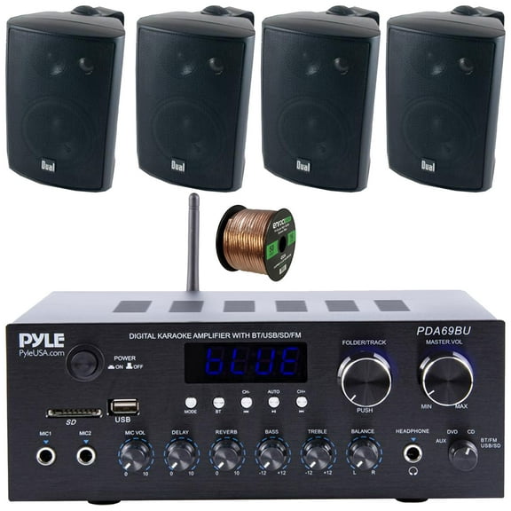 Pyle PDA69BU Bluetooth AUX/USB MP3/SD FM Radio Home Audio Sound System Stereo Amplifier Receiver, 4x 4" 200W Max Power 3-Way Indoor/Outdoor Black Speakers, 50 Feet 16 Gauge Speaker Wire
