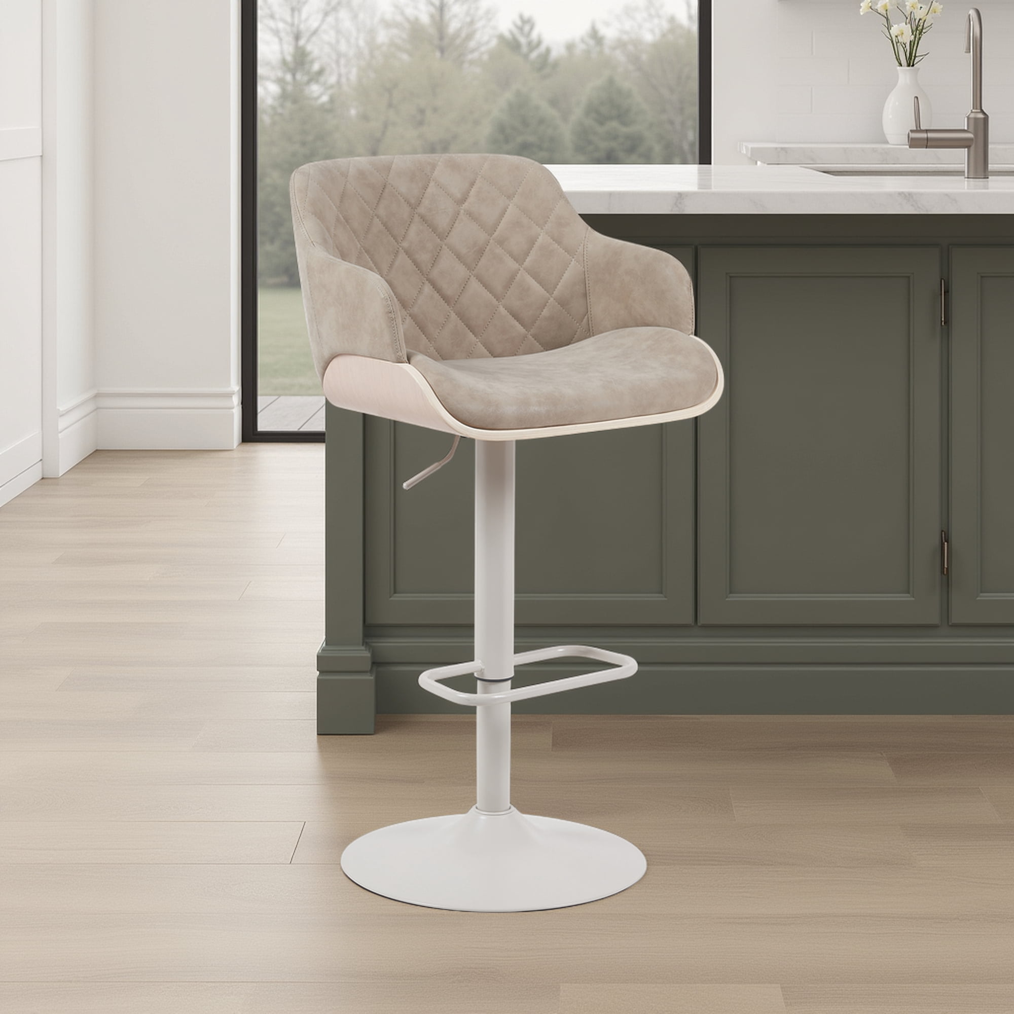 Toby Adjustable Swivel Barstool in Ivory Finish with Vintage Taupe Upholstered Seat and Pale Wood Accents