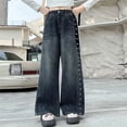 thumbnail image 2 of Duqingm Girls Jeans Wide Leg High Waisted Trendy Side Studded Embellished Distressed Stretchy Denim Pants Outwear Dailywear (Blue,4-5 Years), 2 of 7