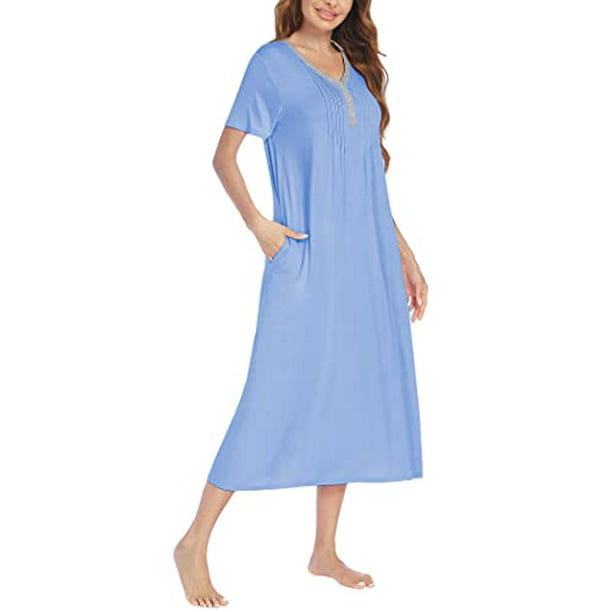 Ekouaer Women's Nightgowns Plus Size Nightshirt Short Sleeve Soft Sleep Shirt with Pockets Clear Blue XXL -