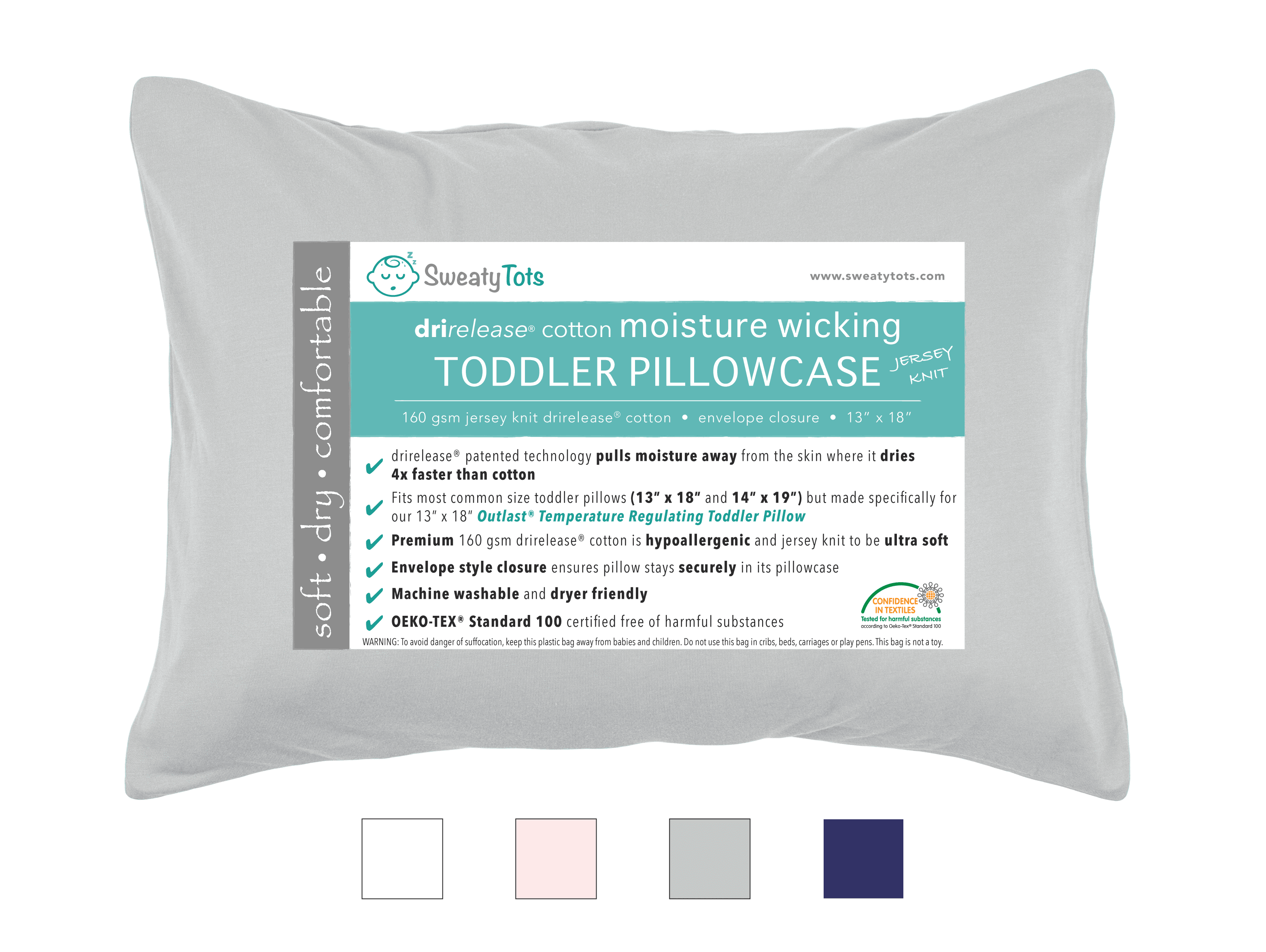 (Gray) Moisture Wicking Toddler Pillow Case for Sweaty Sleepers by