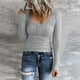 thumbnail image 2 of Prolriy Tops de verano para mujer 2024, camisetas Henley de manga larga para mujer, camisetas ajustadas con botones y cuello redondo, camisetas de punto acanalado, camisetas para mujer, gris M, 2 of 7