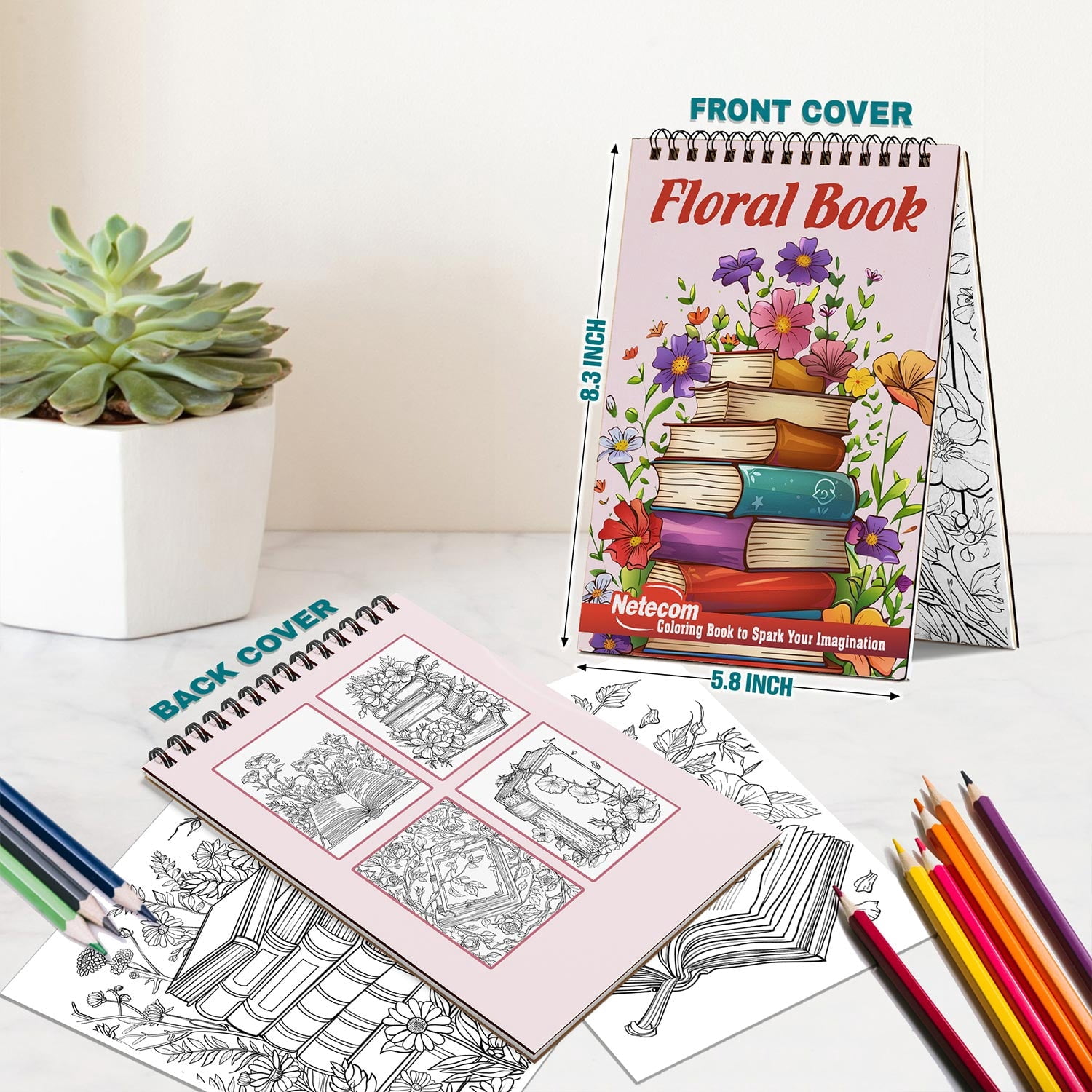 Netecom Floral Book Coloring Book Spiral Bound for Adults, A5 Wooden Cover, 30 Large Print Coloring Pages of Book and Flower for Stress Relief and Relaxation