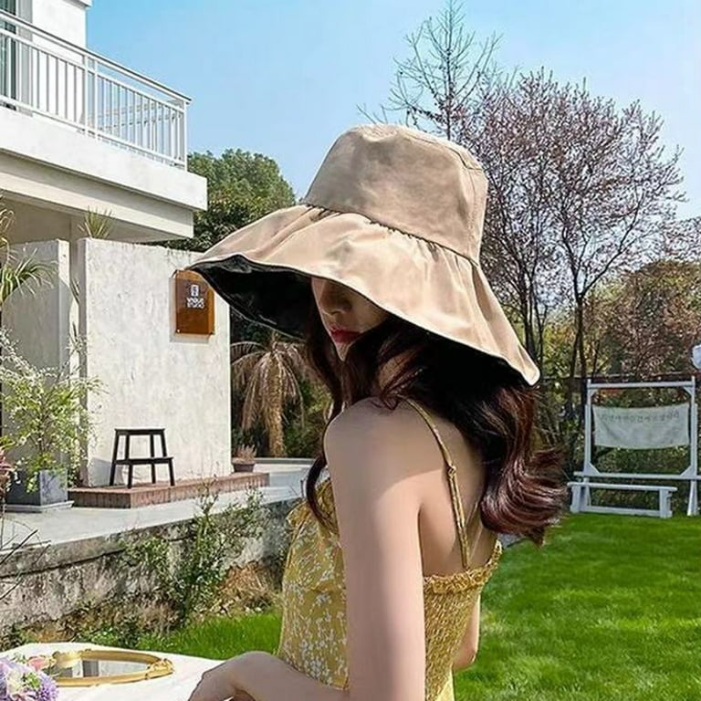 Opvise Round Dome Vinyl Lining Sunscreen Fisherman Hat Women Ruffle Wide Brim Sun Hat Yellow, Women's, Size: One size, Beige
