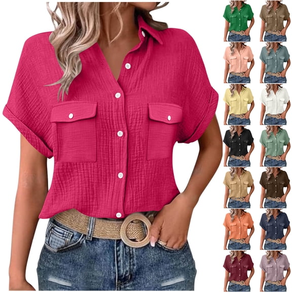 Otntypg Womens Button Down Gauze Shirts Lightweight Casual Short Sleeve Dress Shirt Textured Collared Summer Clothes Work Blouse with Double Button Flip Pockets White M
