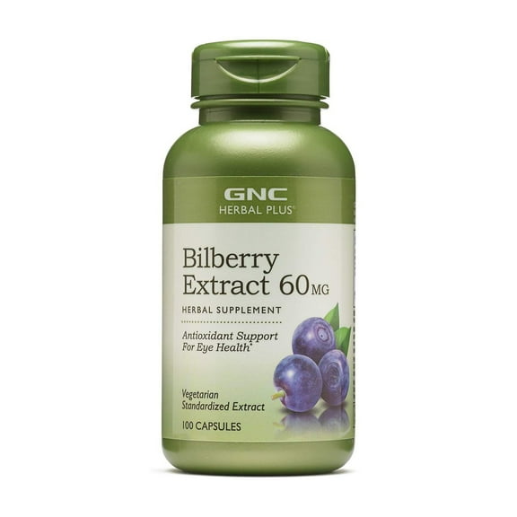 GNC Herbal Plus Bilberry Extract Supplement, Vegetarian, Supports Eye and Health, 100 Capsules, 100 Servings