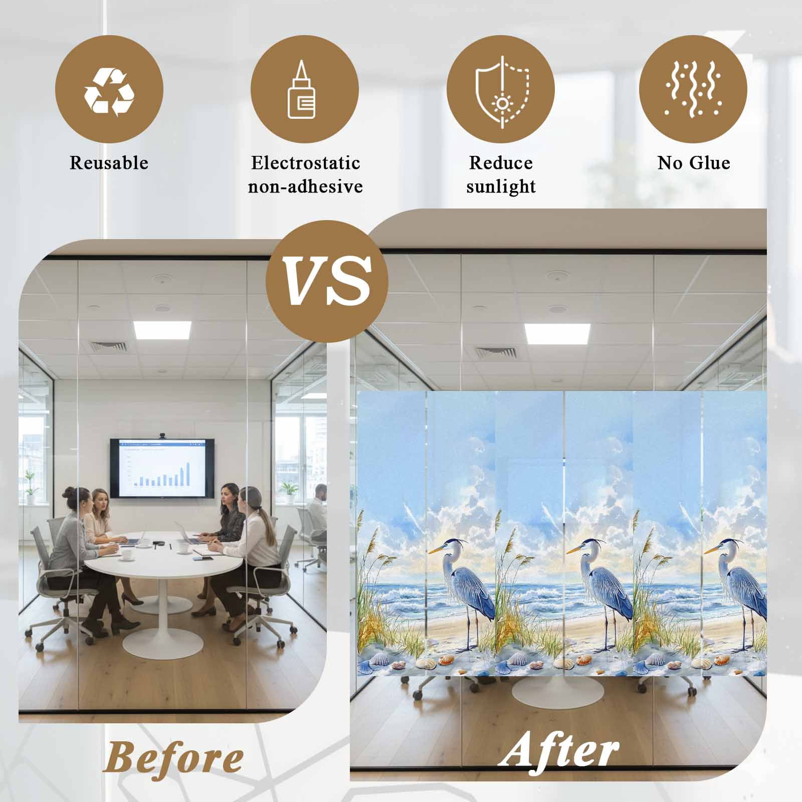Coastal Birds Window Privacy Film, Blue Sky Heron Seabird Tropical Beach Static Cling UV Sun Blocking Tint Film Heat Control Windows Films for Bedroom Bathroom, Window Stickers 23.6"x59"