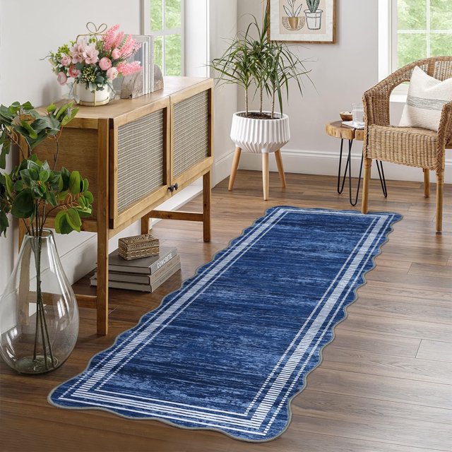 Garvee 2'x6' Modern Runner Rugs, Abstract Aesthetic Soft Living Room Rug Irregular Non-Slip Low-Pile Scalloped Rugs Carpet for Bedroom Hallway Kitchen, Navy Blue