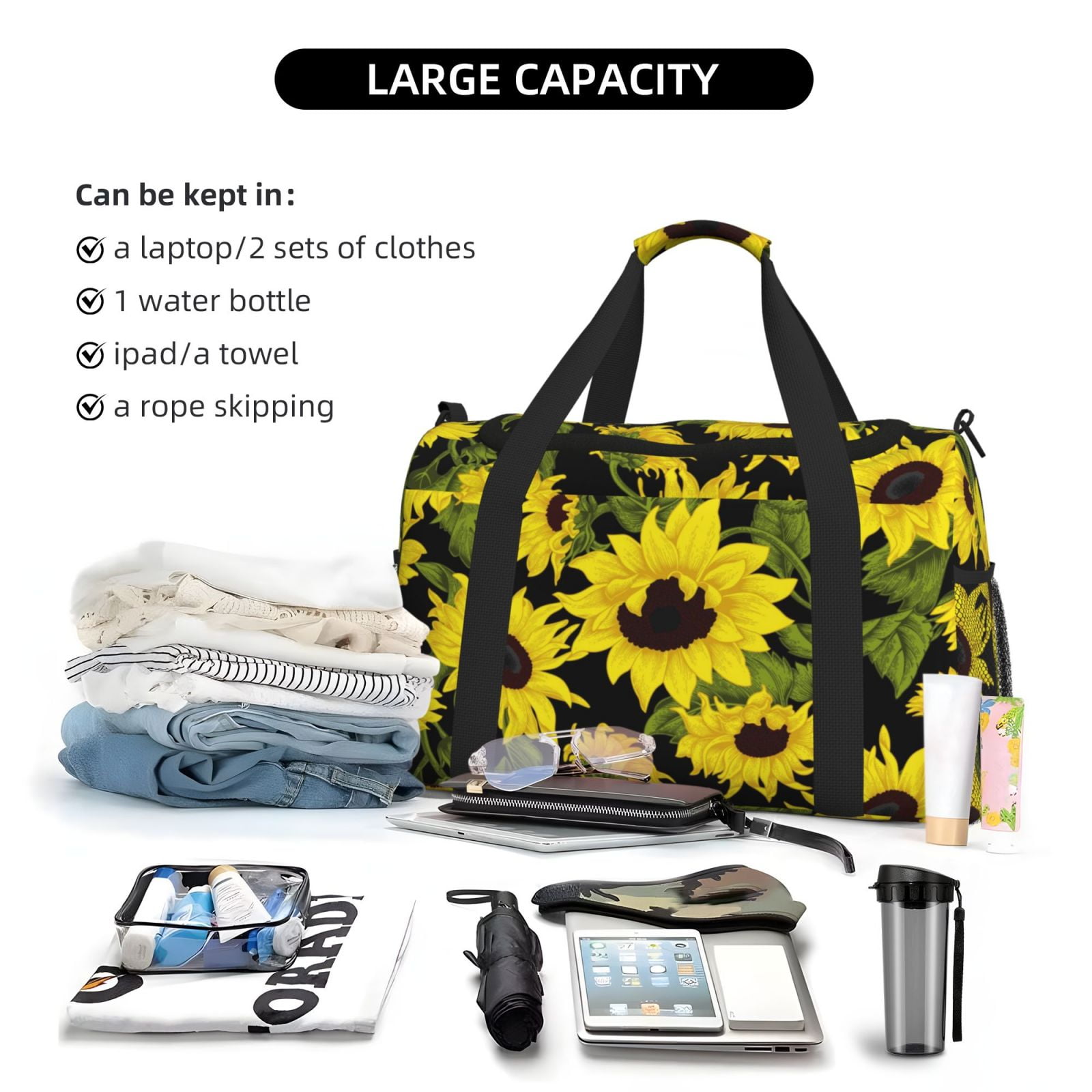 Picia Sunflowers In Vintage Print Travel Duffle Bag,Weekender Bags for Women with Shoe Compartment, Gym Duffel Bag with Wet Pocket, Hospital Bags for Labor and Delivery