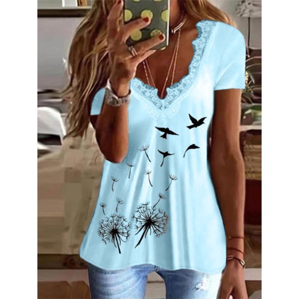 Camiseta elegante de encaje con cuello en V para mujer, camisetas informales holgadas de manga corta con estampado de diente de león, Tops informales cómodos