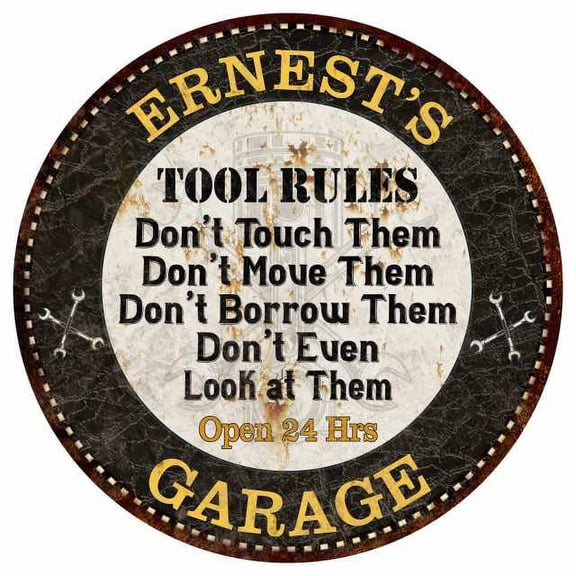 ERNEST'S Garage Rules 12" Round Metal Sign Garage Bar Wall Décor 200120013280
