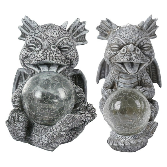 Cute LED Light-Up Dragon Statue with Cracked Glass Ball - 8.7inch Fantasy Garden Decor Resin Sculpture for Outdoor/Indoor Mystical Ambiance