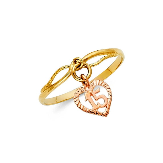 15 Years Ring Hanging Heart Charm Solid 14k Yellow White Rose Gold Fancy Band Tri Color 13MM Size 5.5