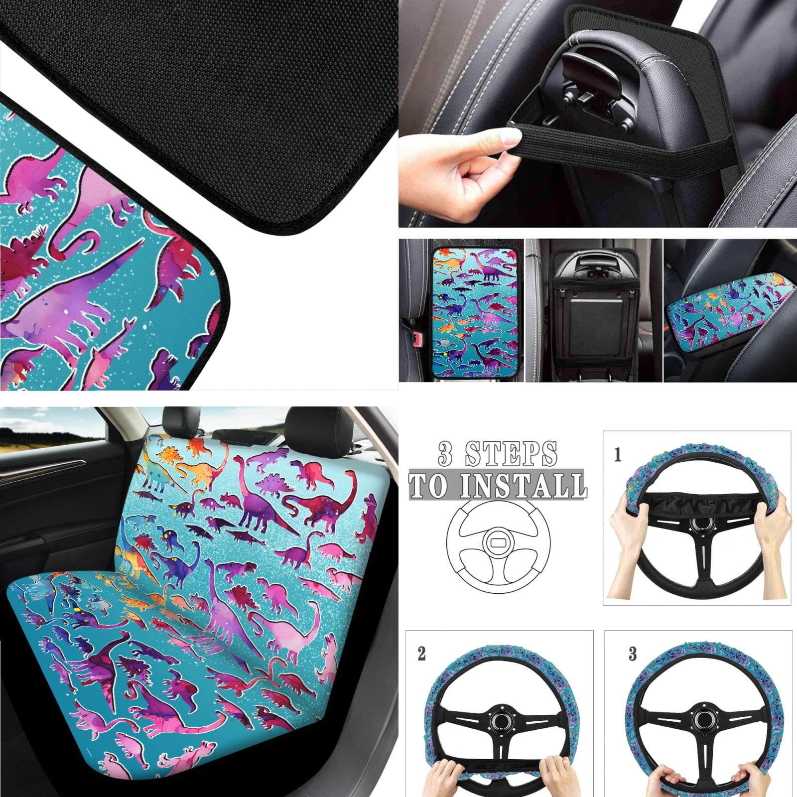 Jeiento Dinosaur Automotive Seat Covers Full Set for Men Women Car Floor Mats Steering Wheel Cover Armrest Cover Auto Seatbelt Covers Cup Coasters Keychains 17 Pack Car Accessory Decor