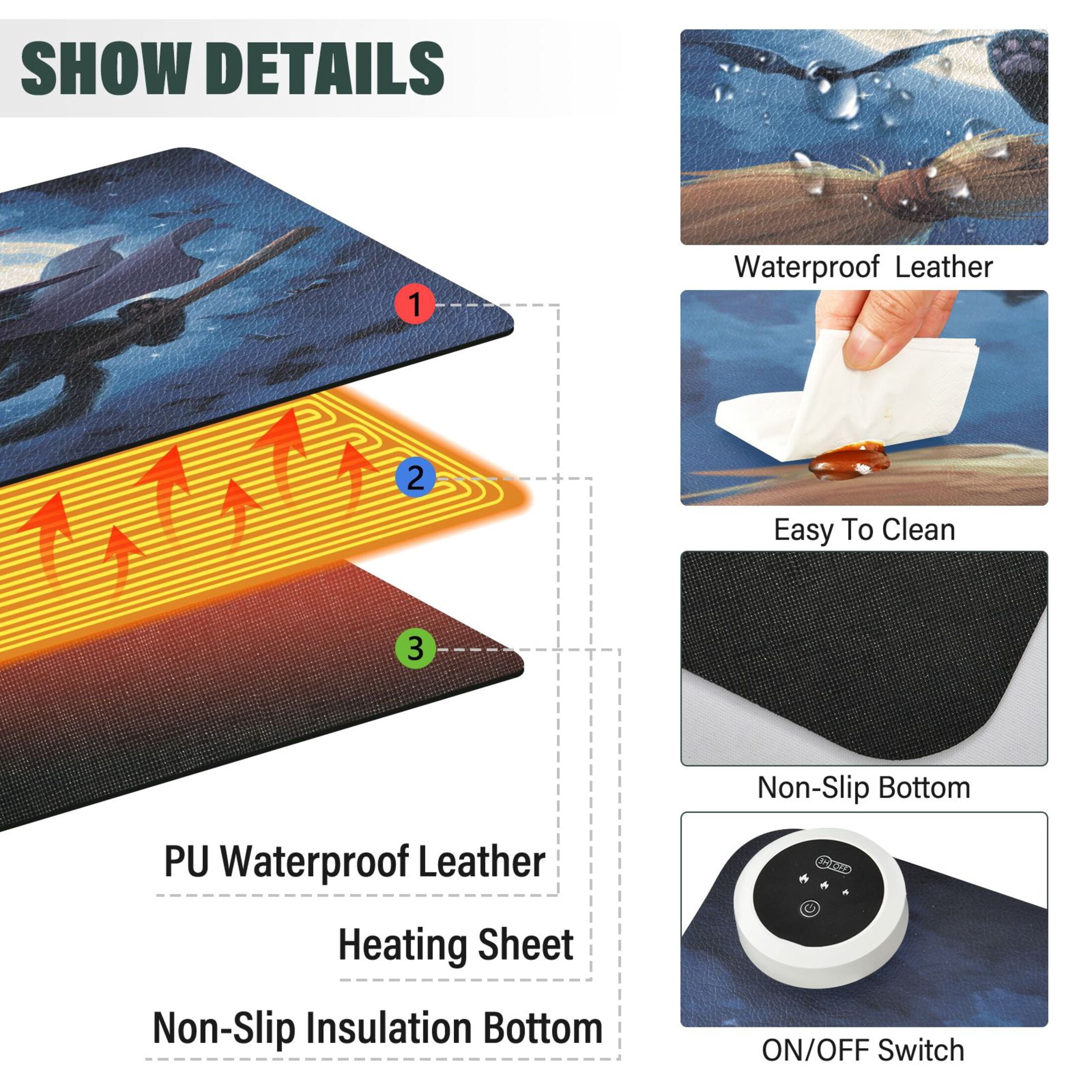 Large Heated Desk Mat Mouse Pad 31.5"x13"PU Leather Graphene Heating Desk Warmer with 3 Temperature Settings 110V US Plug Non-Slip Warm Pad for Home, Office, and Gaming Halloween Cape Black Cat