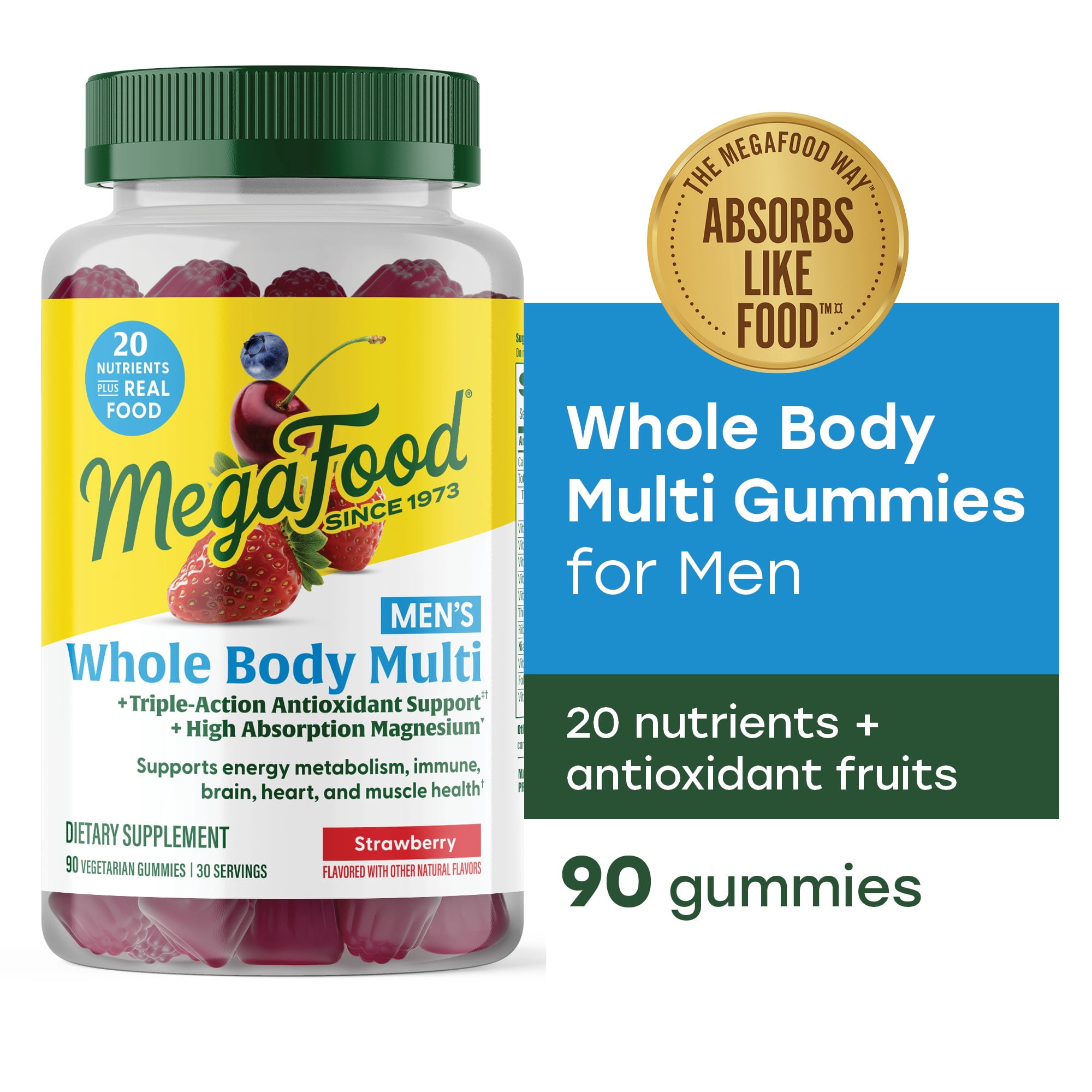 MegaFood Men’s Whole Body Multi Gummies - Multivitamin For Men - Muscle, Brain, Heart, Immune Support, Strawberry - 90 Gummies, 30 Servings