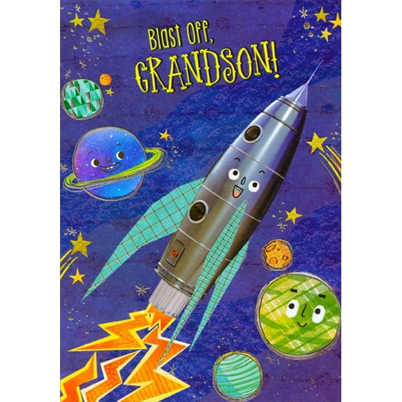 Designer Greetings Rocket Ship and Planets Juvenile Birthday Card with Word Search and Maze for Grandson