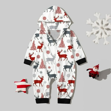 

Baby Christmas Sets White Prints Hooded Zipper Jumpsuit Family Outfit
