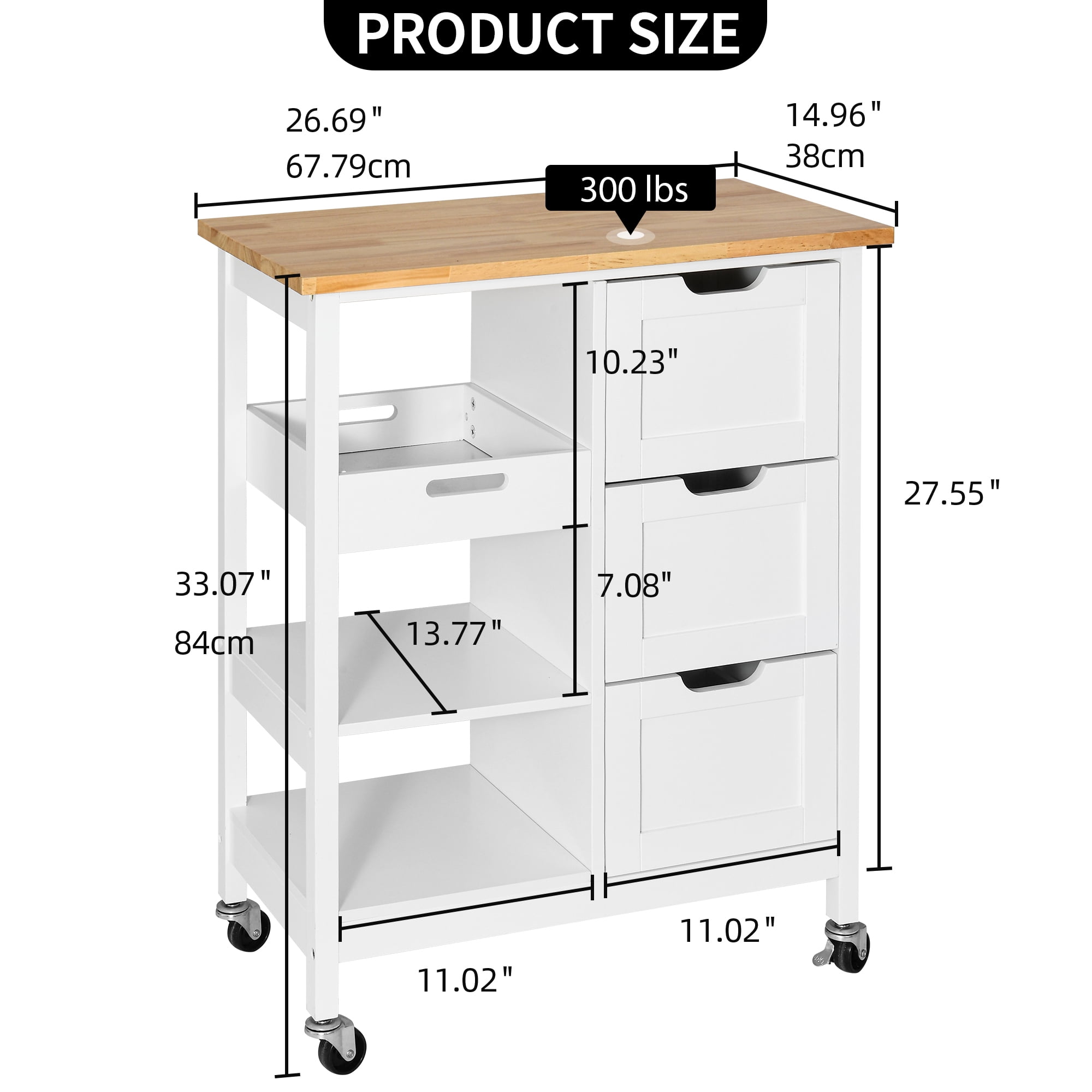Dextrus 3-Tier Kitchen Island with Storage, Kitchen Storage Cart with Countertop & Drawers, White