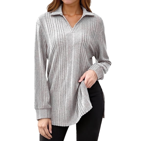 Women Plus Size Casual Sweaters Long Sleeve Solid Lapel V-Neck Ribbed Knit Tops Trendy Side Slit Loose Fit Pullover Shirts