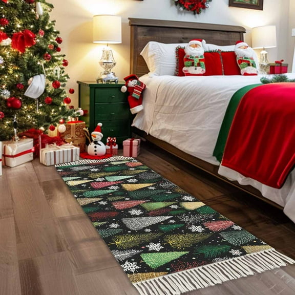 Christmas Tree Entryway Runner Rug 2x4ft,Winter Colorful Xmas Trees Snowflakes Washable Woven Living Room Hallway Bedroom Kitchen Carpet with Tassels,Indoor Outdoor Throw Door Mat for Entryway