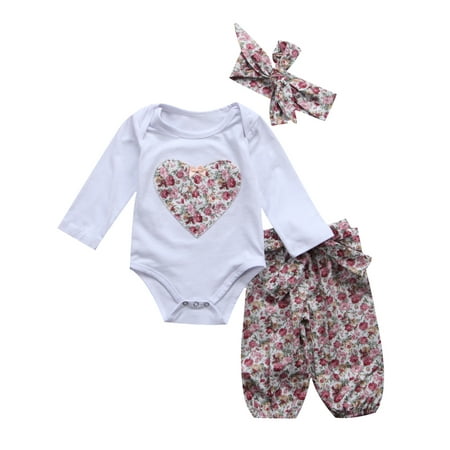 

3Pcs Baby Girl Long Sleeve Heart Print Romper+Floral Pants+Headband Outfit Sets