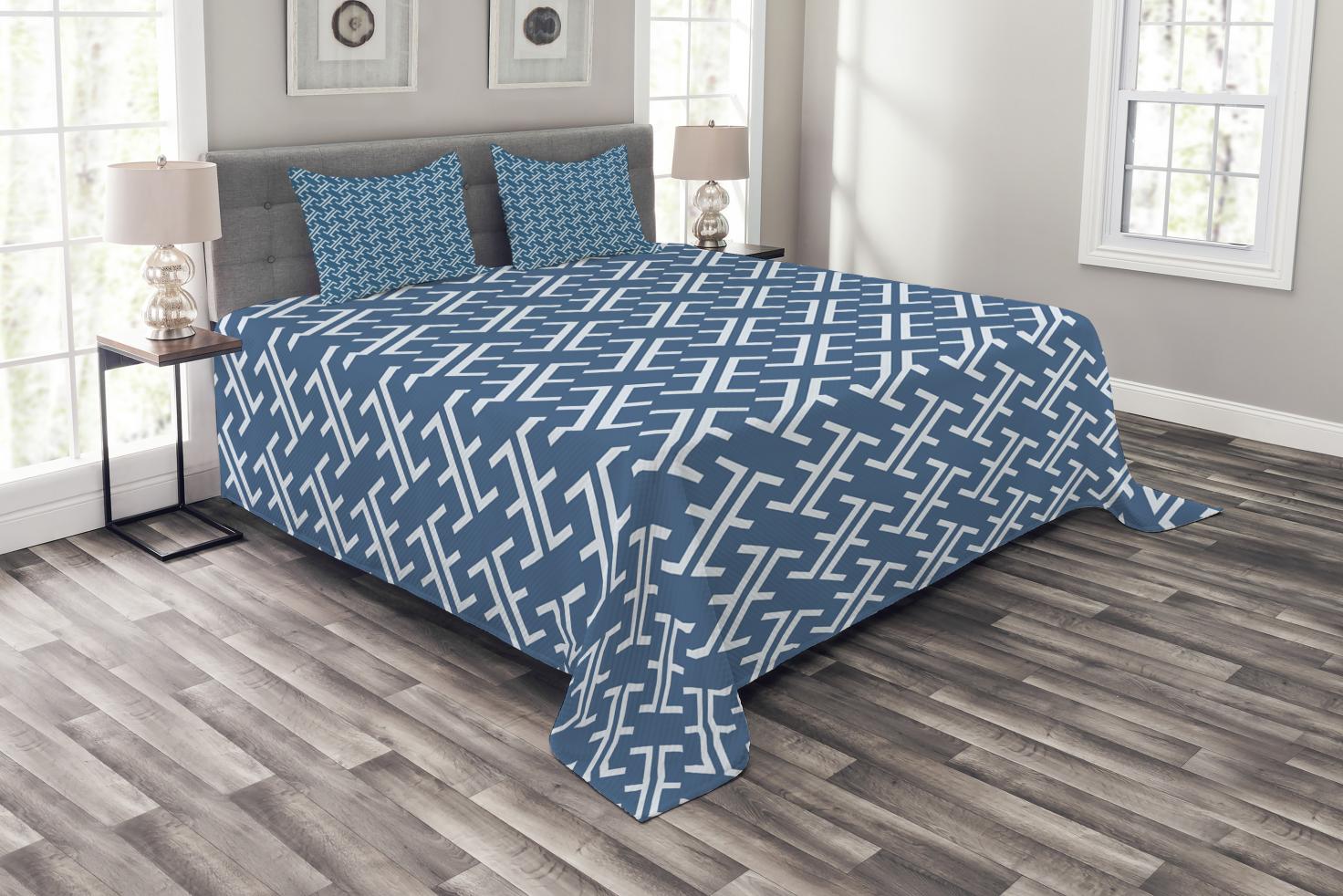 Asian Bedspread Set Queen Size, Ocean Waves Inspired Artwork in