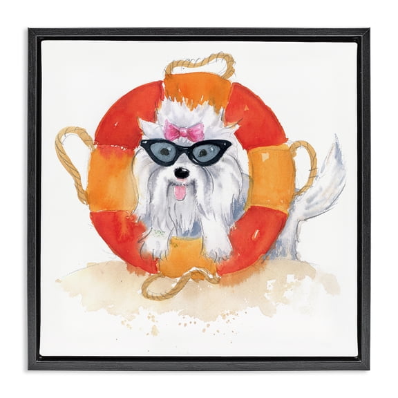 Stupell Industries Coastal Sandy Dog in Sunglasses Black Floating Frame Canvas Art, 18 x 18, by Geoff Allen