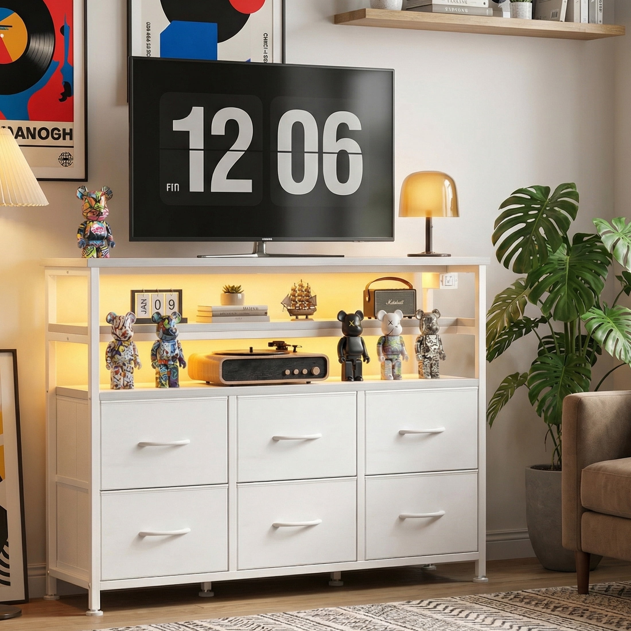 EDX 6-Drawer Fabric Dresser with Power Outlets and LED Light, Storage Organizer and TV Stand for Bedroom, Living Room, Hallway, White