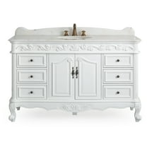 Benton Collection 56" Traditional Antique White Bathroom Vanity with White Marble Top