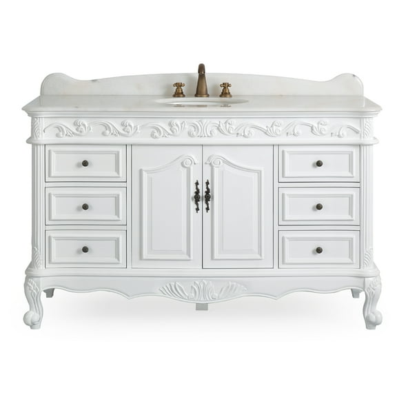 Benton Collection 56" Traditional Antique White Bathroom Vanity with White Marble Top