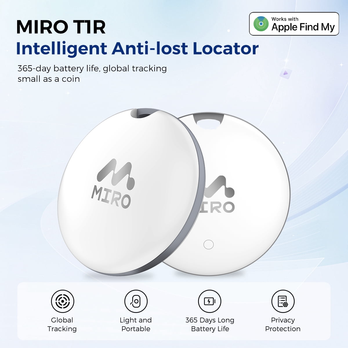 MIRO T1R Bluetooth Tracker Smart Finder Compatible with Apple Find My(iOS only) Item Finder Smart Tag IP6 Waterproof