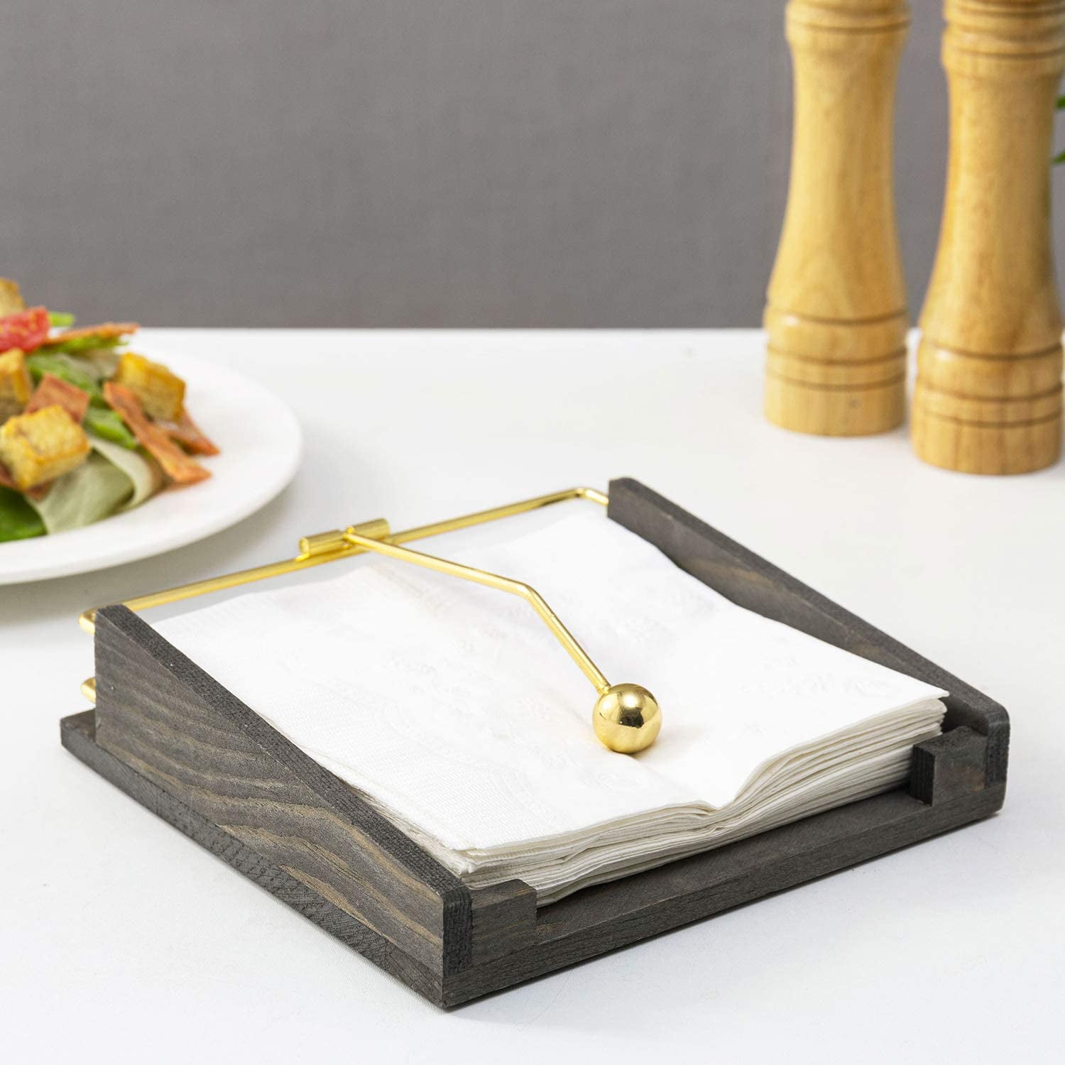 MyGift Kitchen Vintage Wood Square Napkin Holder with Brass Tone Metal