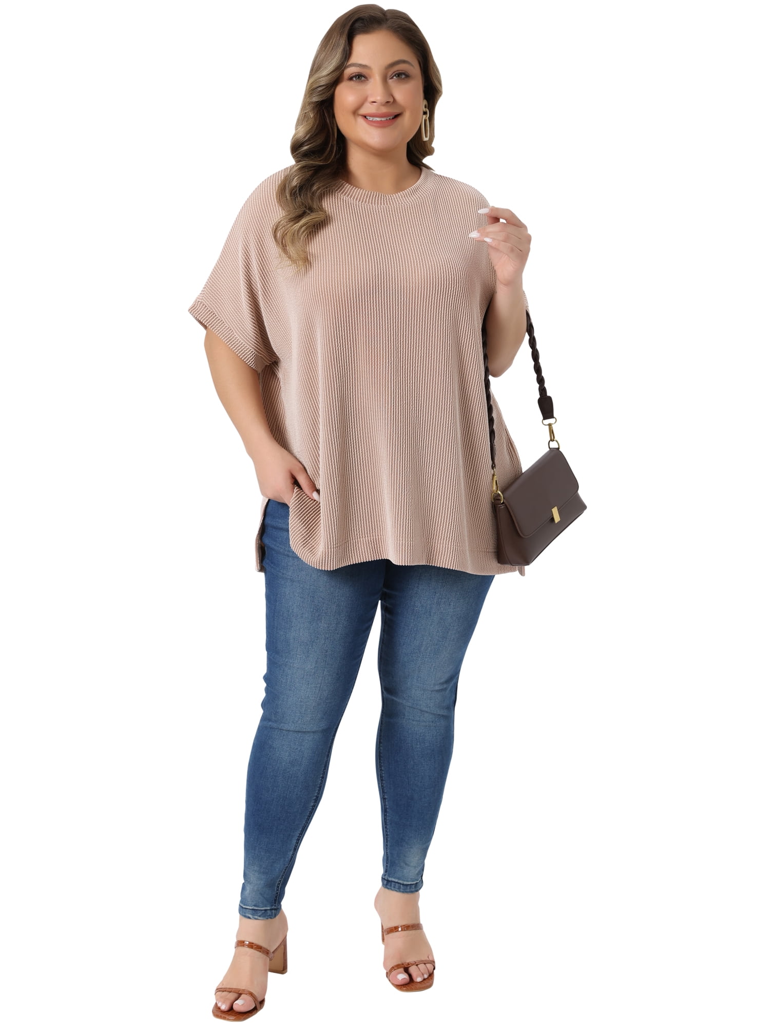 DARING DIVA Women's Plus Crew Neck Loose Fit Striped Summer Blouse 1X Khaki