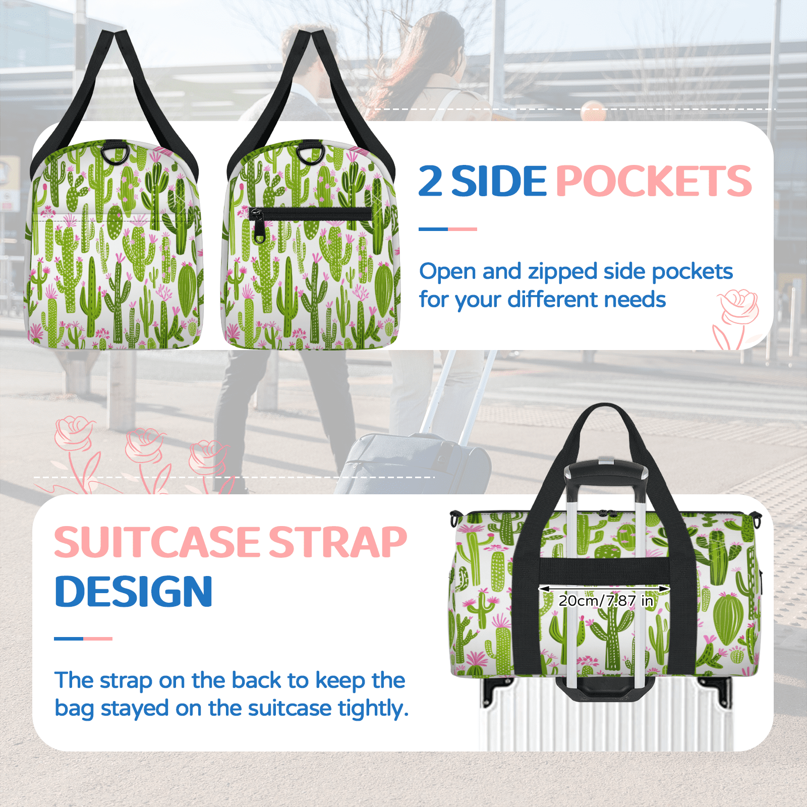 Herdesigns Cactus Travel Duffle Bag Sports Yoga Weekender Overnight Carry on Workout Bags Lightweight Waterproof Gym Tote Bag for Women