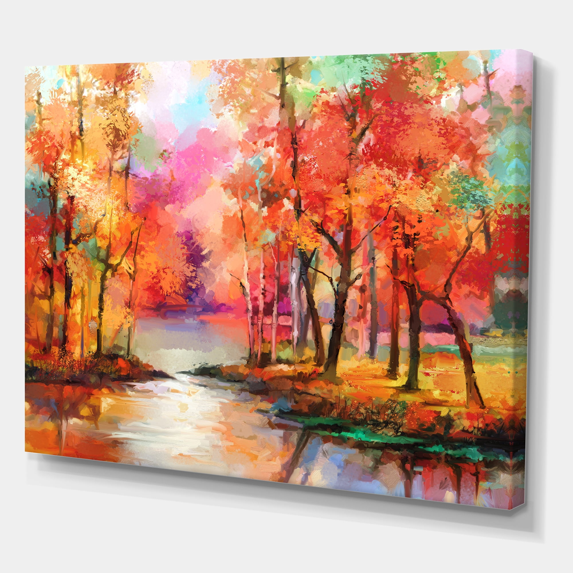 Designart ' The Lake In Autumn By Colorful Autumn Trees ' Modern Canvas Wall Art Print