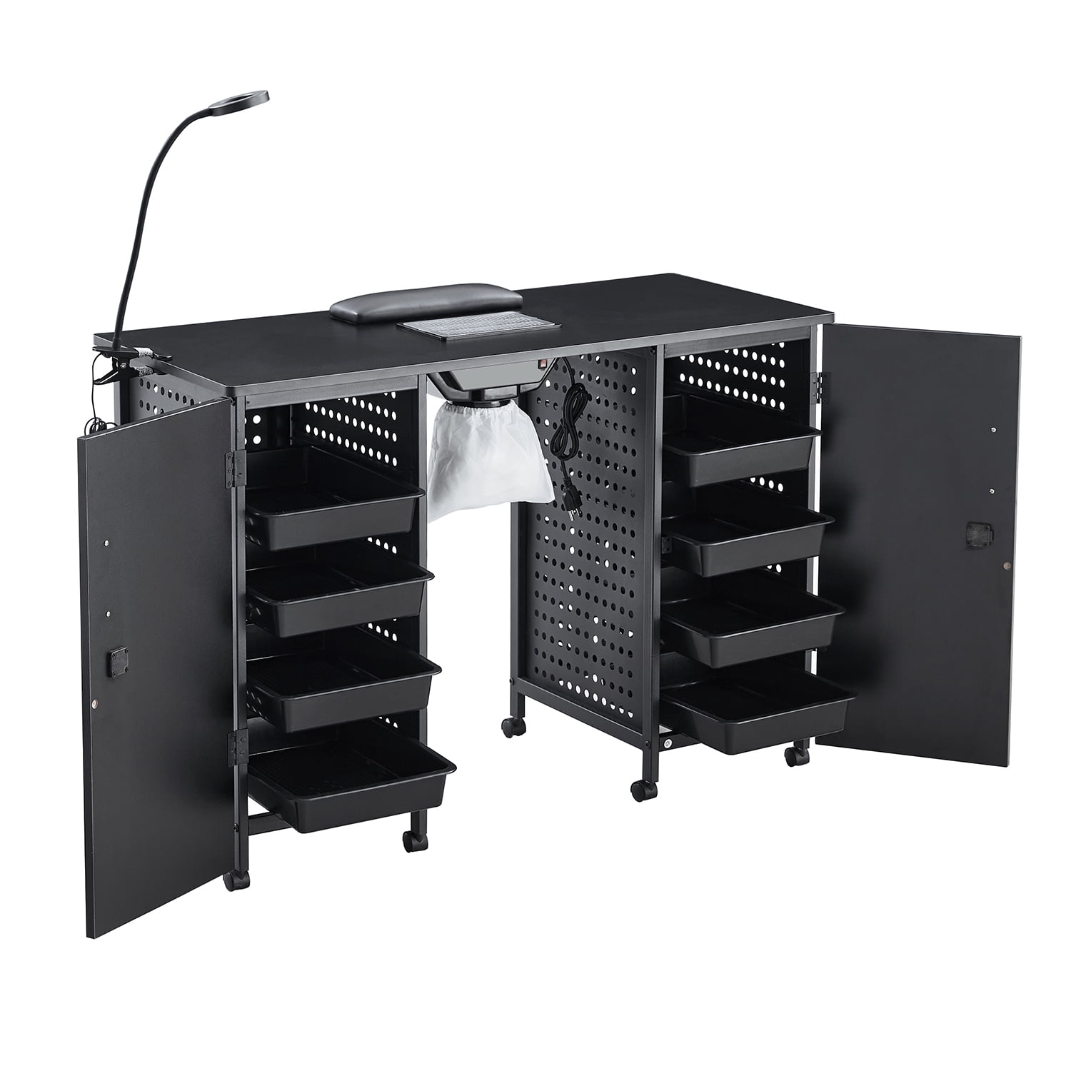 Kadyn 42" Manicure Table Nail Desk, Beauty Spa Salon Workstation w/ Wrist Rest, Lockable Cabinets,LED Lamp,Electric Downdraft Vent, 2 Cabinets,Black