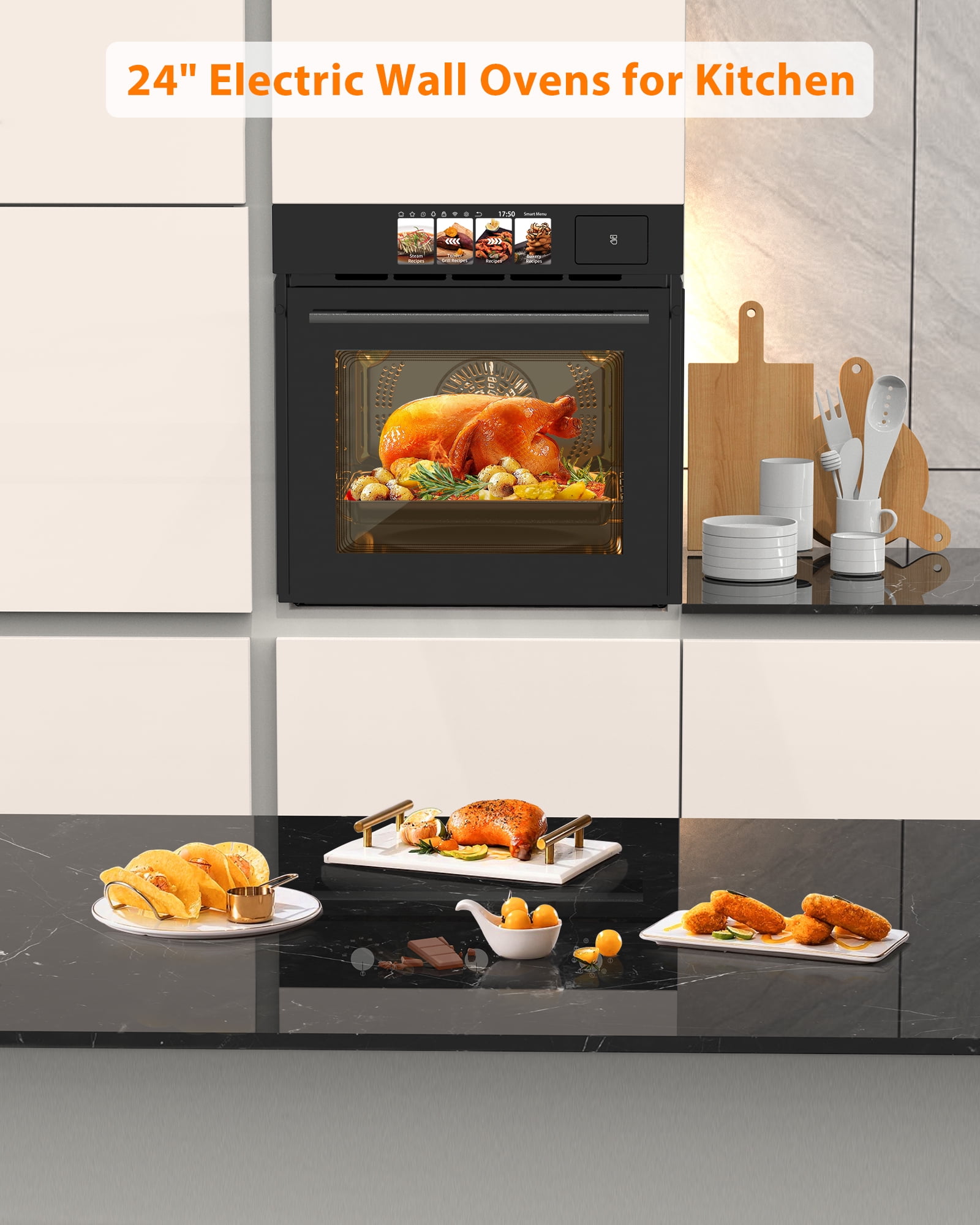 24'' Single Wall Oven, 2.5 Cu.Ft/70 L Electric Wall Oven with 4 Cooking Modes, Smart Recipes, Built-In Touch Control Large Capacity Wall Oven for Kitchen, 3000W, 240V, Black
