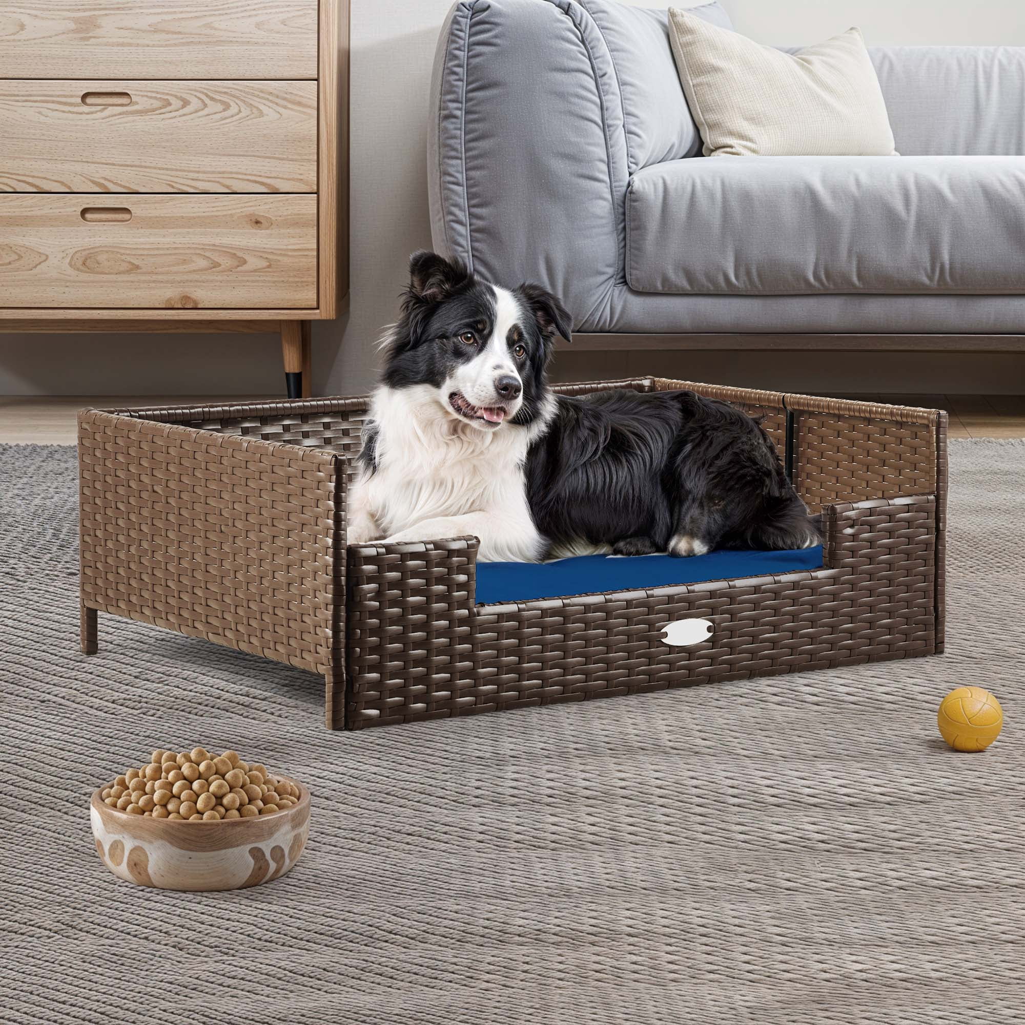 Uforic Rattan Dog Sofa Bed with Blue Cushion,Wicker Pet Bed Sofa Indoor Outdoor,All-weather Protection, Brown&Blue,34.6"L x 23.6"W x 11.8"H