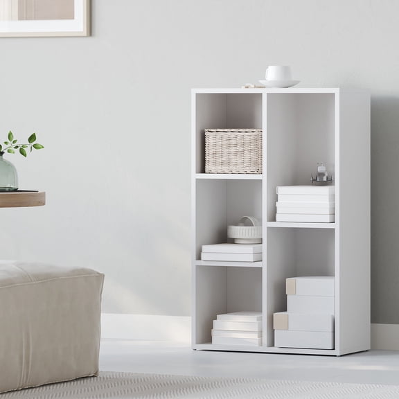 LEDREM 5-Tier Bookcase with Cubes, Space-Saving Shelf Organizer for Living Room, Bedroom, Office, 22lb/Compartment, Freestanding, White