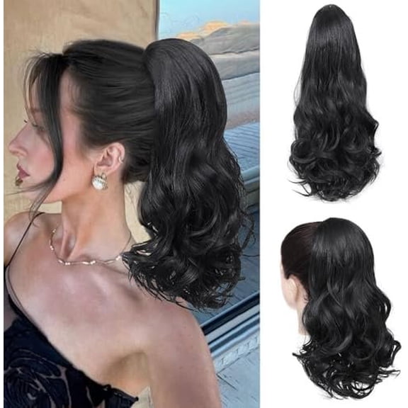 16 Inch Ponytail Extension Drawstring Ponytail for Women Curly Wavy Pony Tails Hair Extensions Synthetic Ponytails Hairpieces for Daily Use-Black