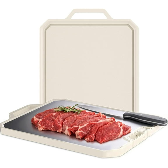 Double-Sided Antibacterial Cutting Board, 2-in-1 Plastic and Stainless Steel Chopping Board with Juice Groove, Dishwasher Safe, for Meat, Vegetables, Fruits and Cooking