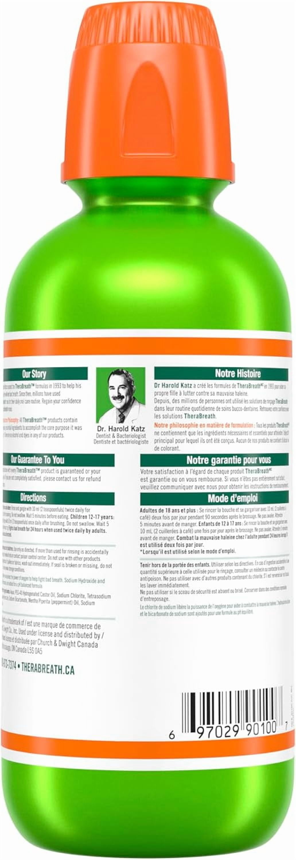 Rince-bouche TheraBreath Haleine fraîche, Menthe Douche, sans alcool, aille de valeur de 1 L. Menthe Douche, 1 L.