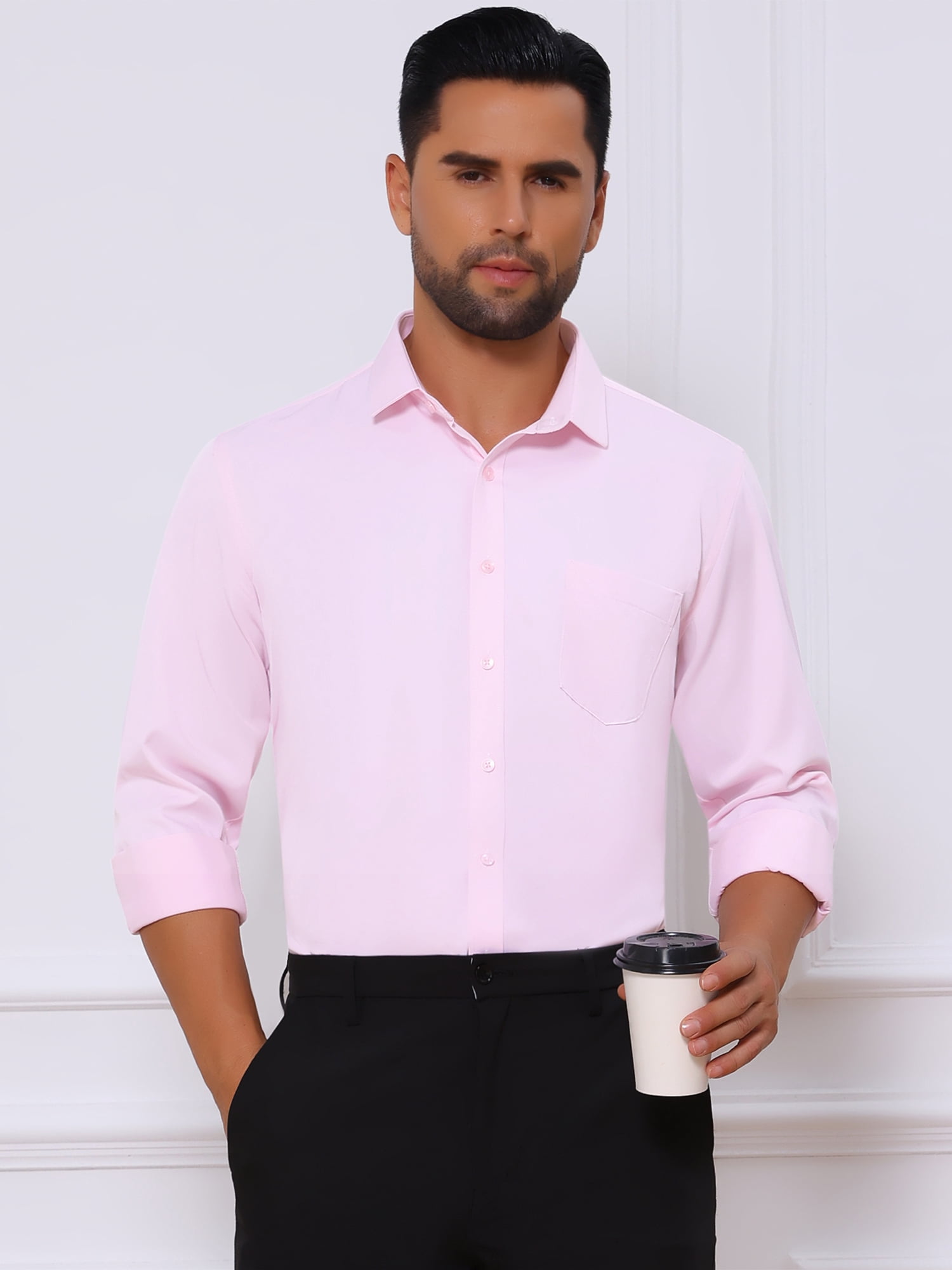 DARING DIVA Men's Point Collar Button Long Sleeve Business Shirts S Pink